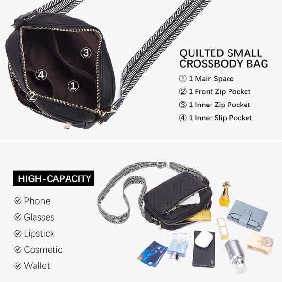 Bostanten Women Black PU leather Small Quilted Crossbody Bags With Wide Strap - Picture 4 of 8